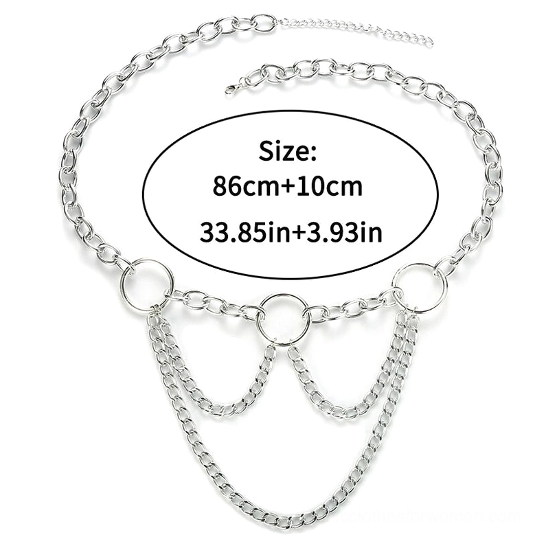 Close-up of gothic chain belt showing 86cm adjustable length sizing detail and multi-tier chain construction