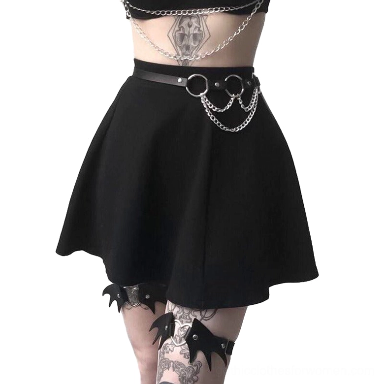 Black faux leather chain waist harness worn by female model in gothic styling, front upper body view showcasing silver chain details and alternative fashion aesthetic