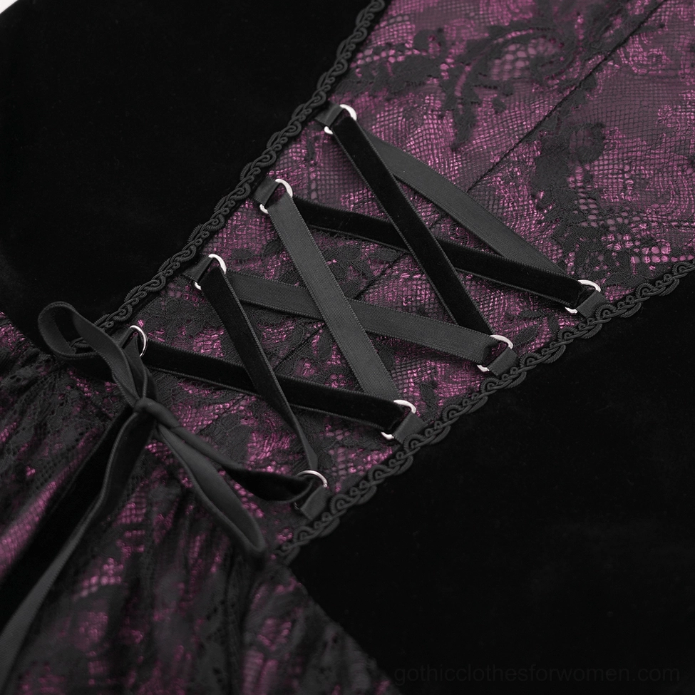 Close-up of gothic cheongsam dress back corset lace-up with velvet panel and scalloped lace edge