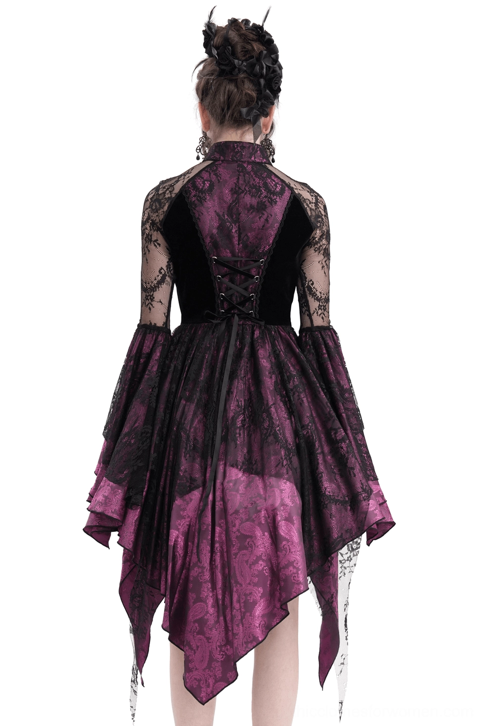 Gothic cheongsam dress back view, corset lace-up closure with flared bell sleeves