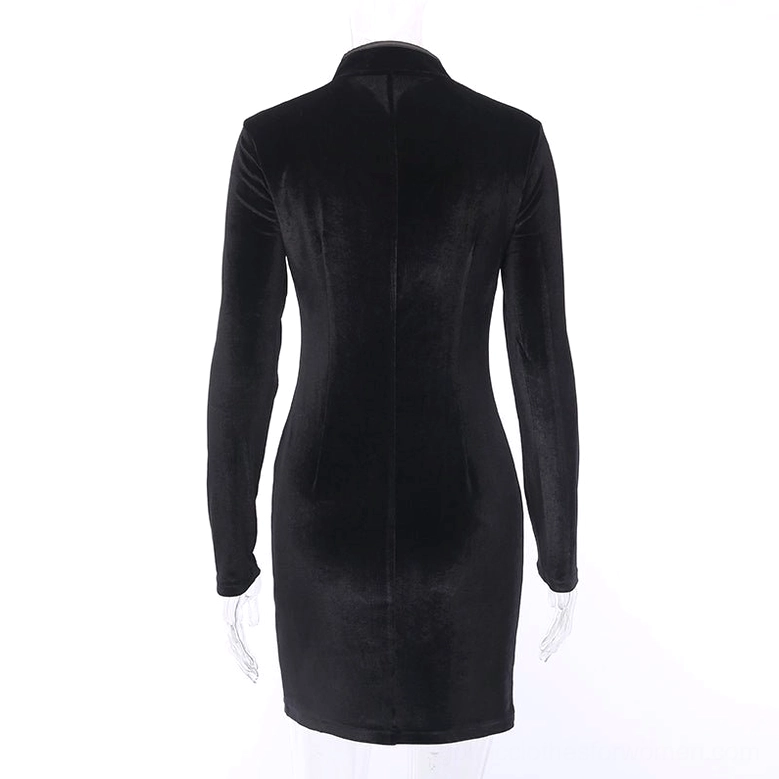 Black velvet gothic cheongsam dress back view on mannequin showing long sleeves and silhouette