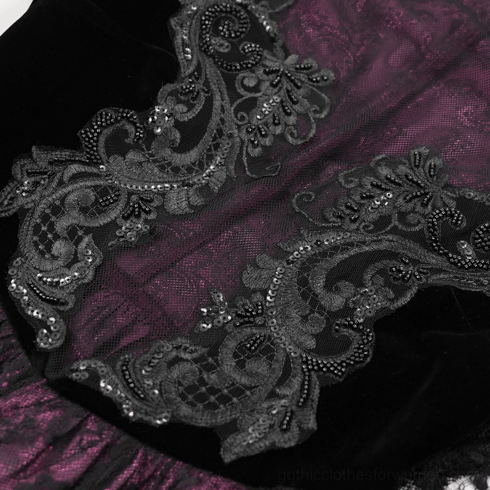 Gothic cheongsam dress sleeve detail showing sheer lace overlay on bell sleeve