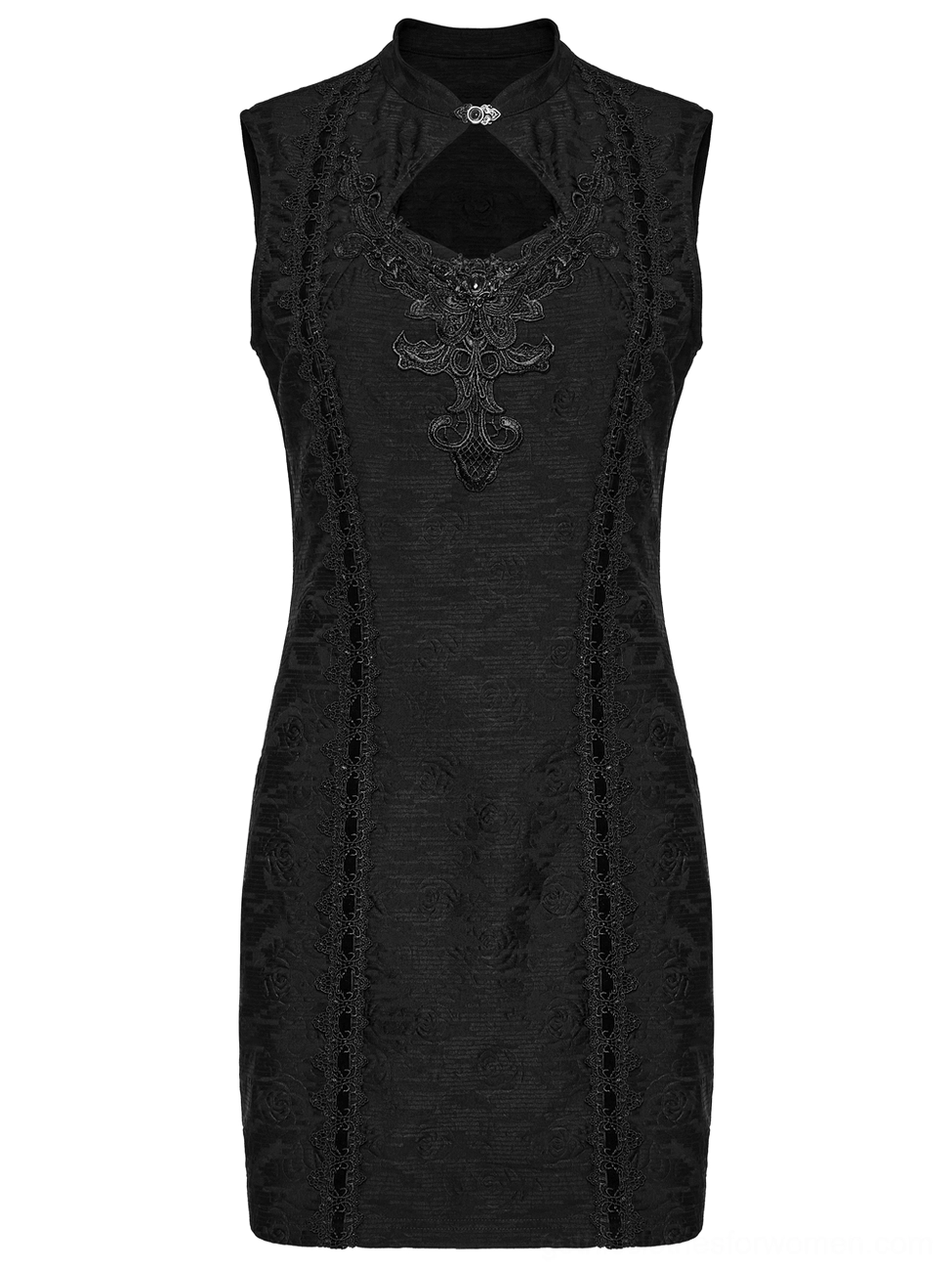 Gothic cheongsam dress back flat view showcasing jacquard floral fabric texture