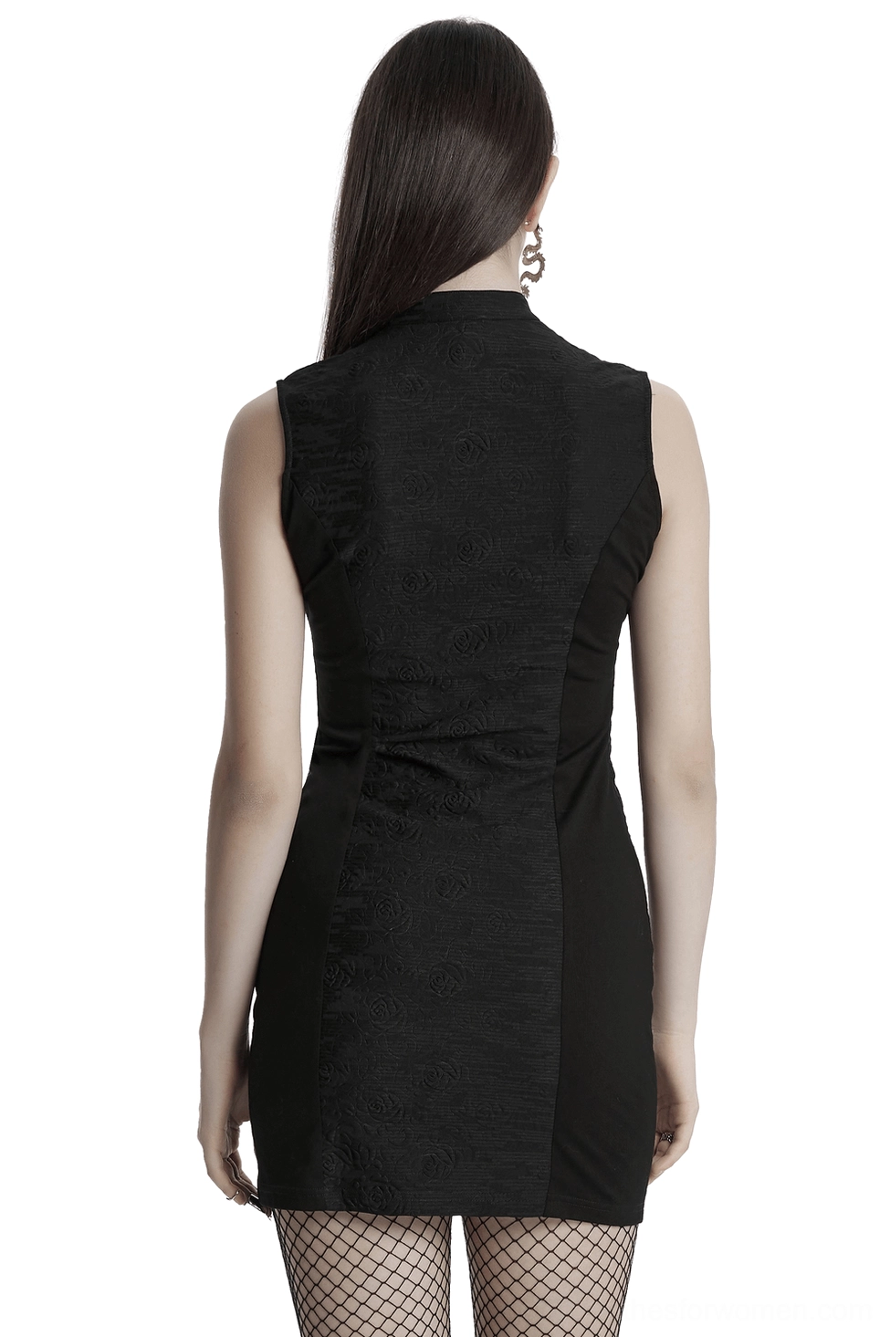 Black gothic cheongsam dress back view full length showing slim fitted silhouette
