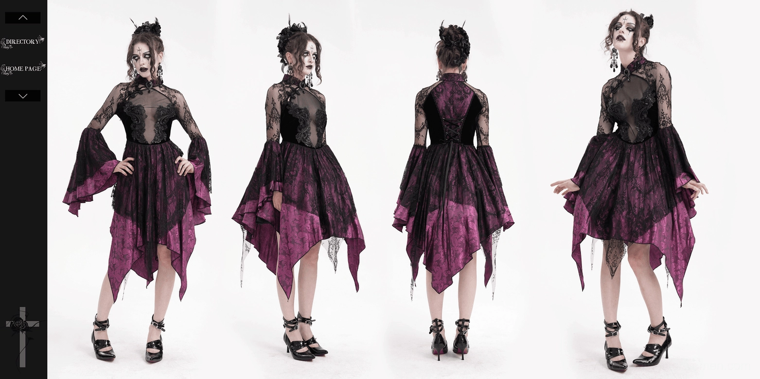 Gothic cheongsam dress complete look showing black and purple colorway with all design elements