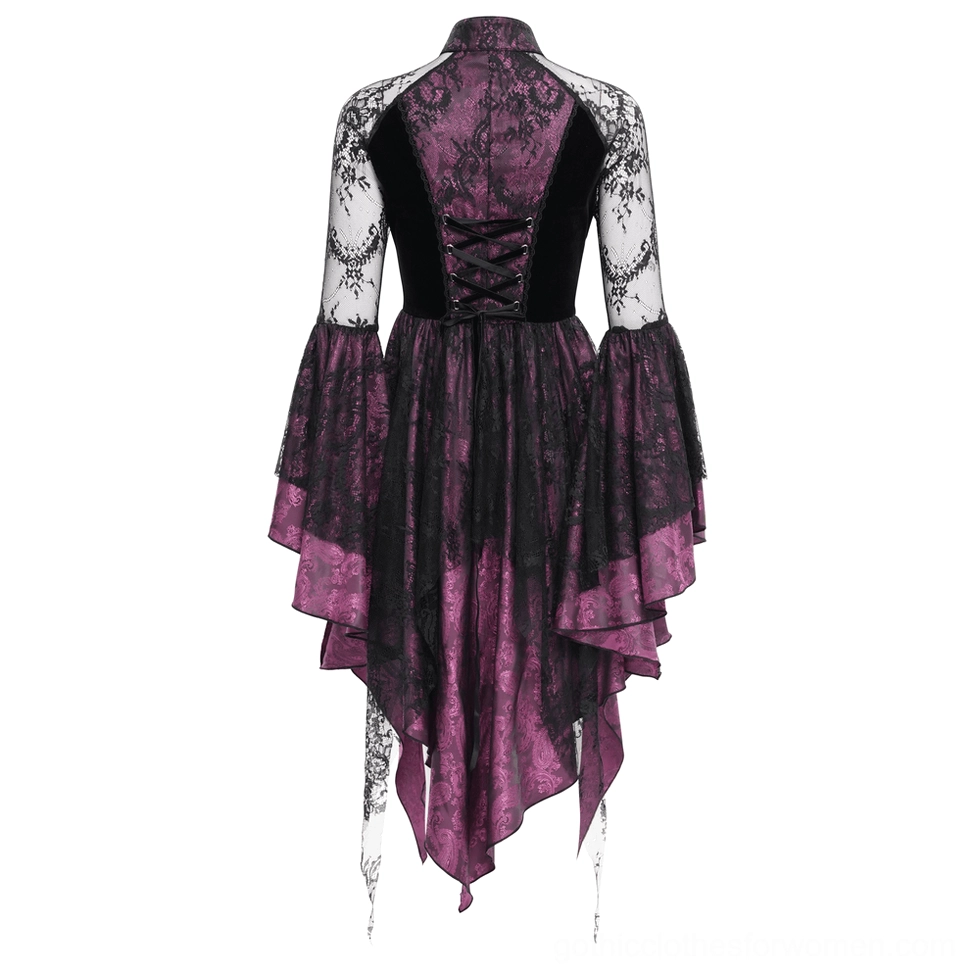 Gothic cheongsam dress back view showing corset lace-up velvet waist panel and flared lace sleeves