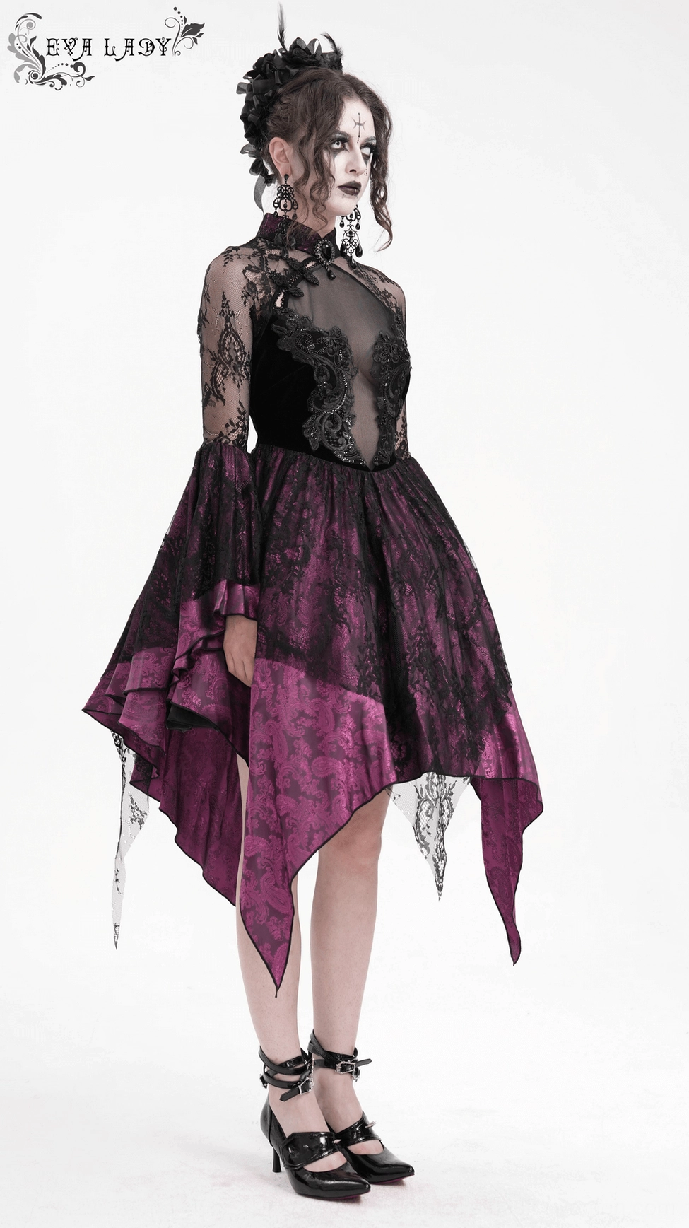 Gothic lace cheongsam dress styling on figure, showing silhouette and drape of fabric layers