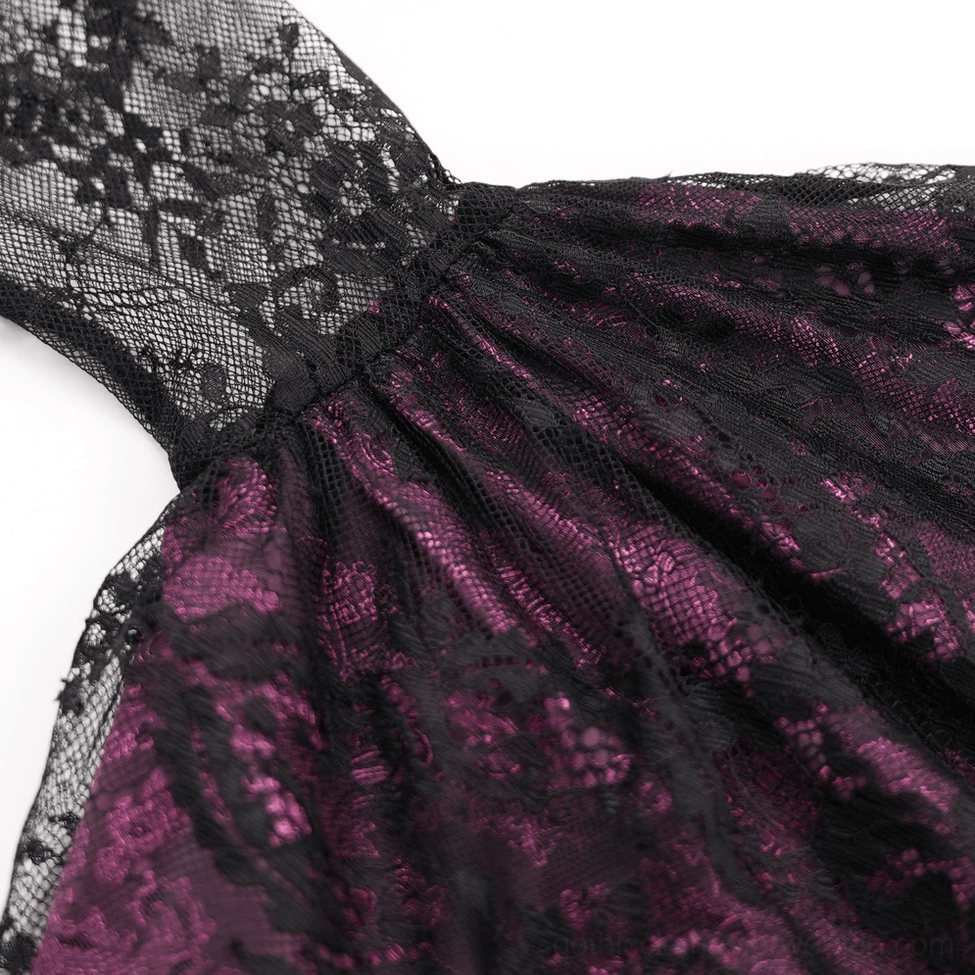 Gothic cheongsam dress hem detail showing handkerchief irregular layers and black lace trim