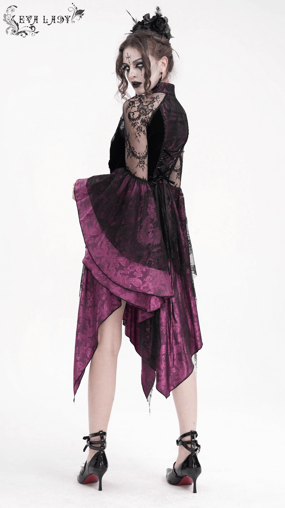 Gothic cheongsam dress detail showcase of lace work and purple accent coloring