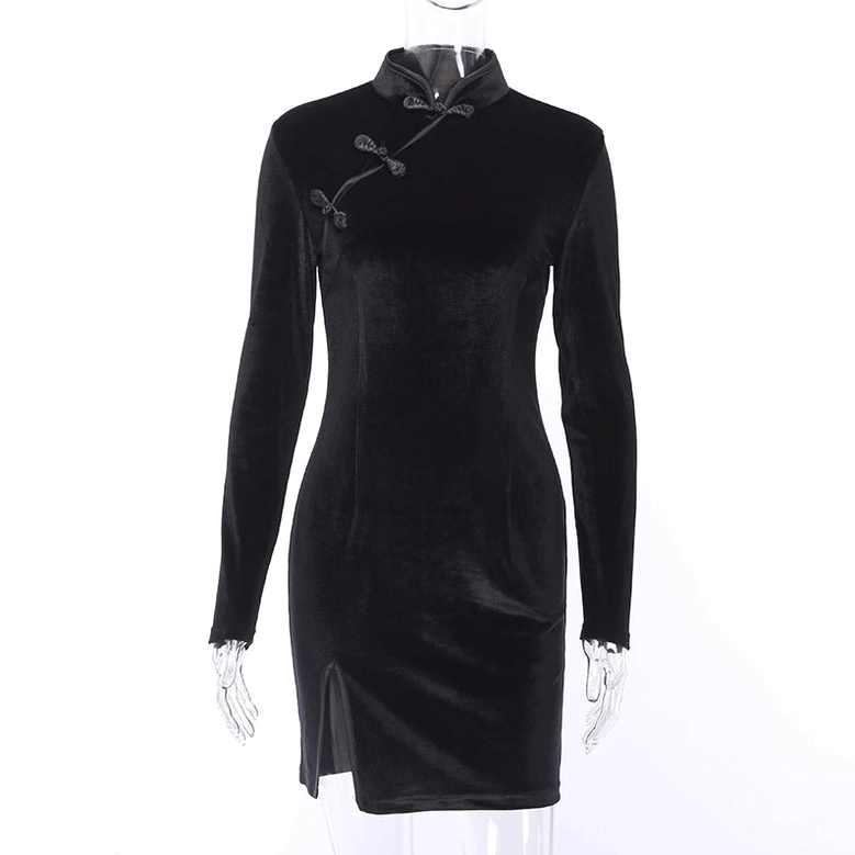 Black velvet gothic cheongsam dress mannequin display showing mandarin collar and side slit