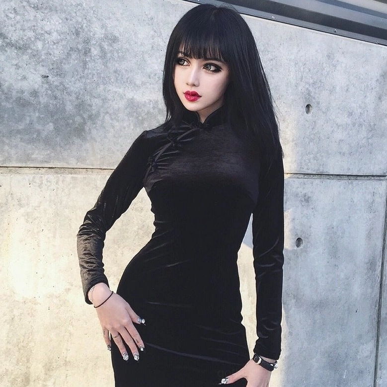 Black velvet gothic cheongsam dress model side view with street aesthetic