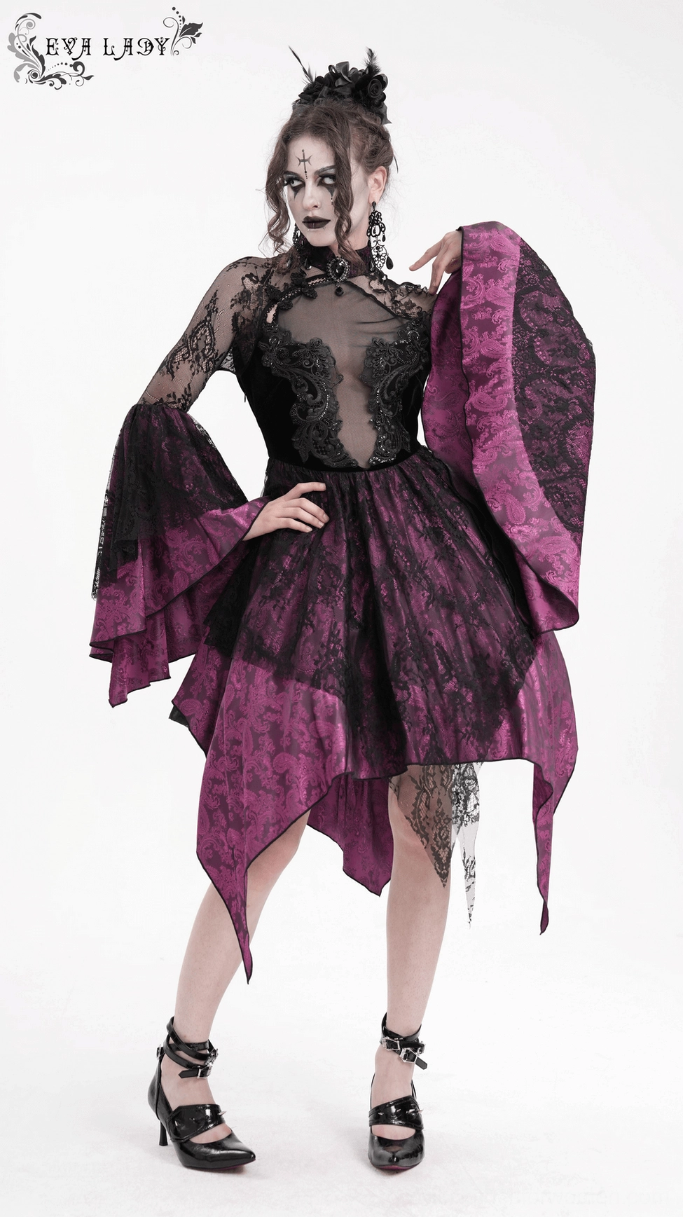 Gothic cheongsam dress neckline and shoulder detail with frog closures and collar structure