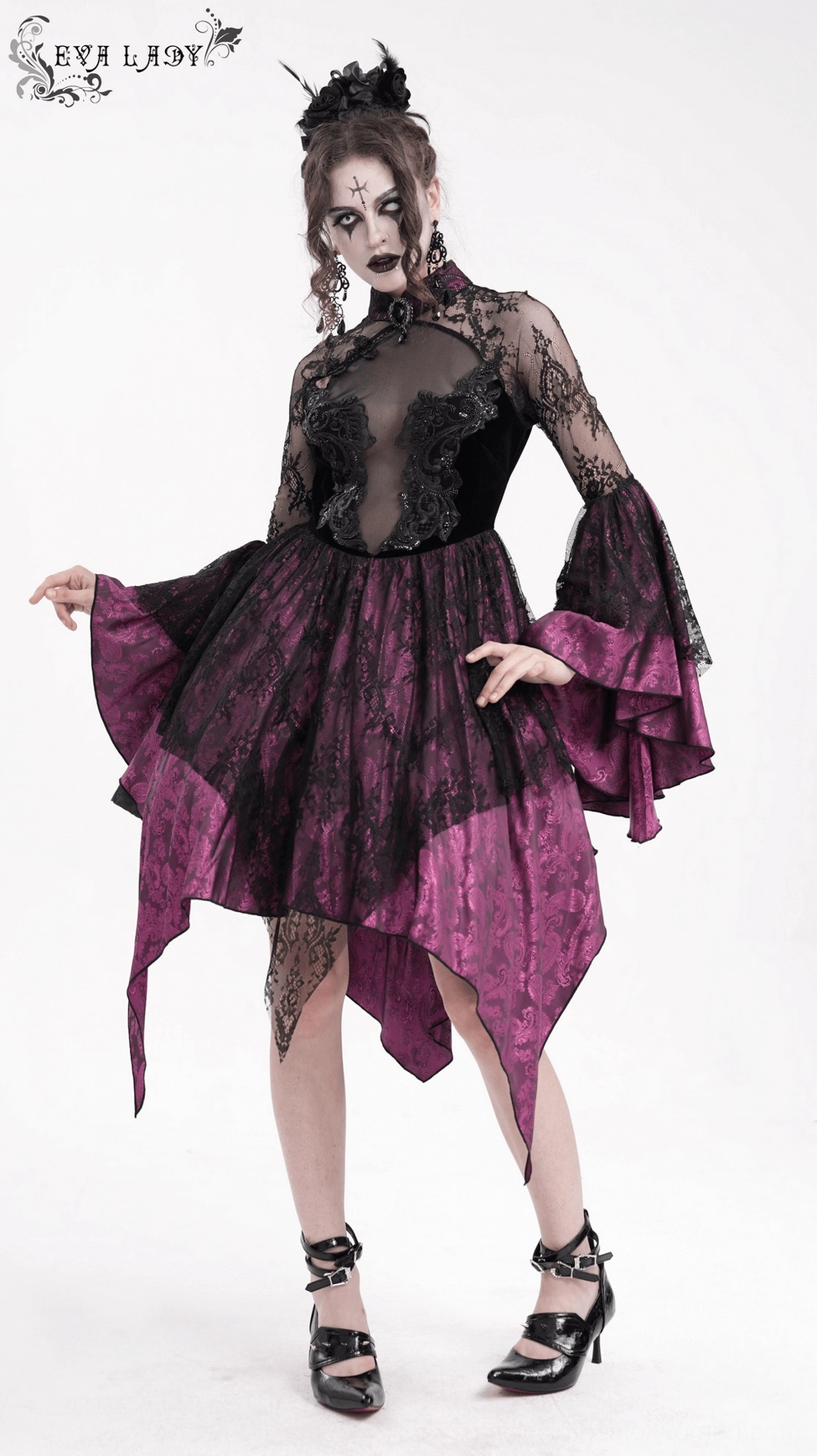 Gothic cheongsam dress showing overall construction with high collar and flowing lace elements