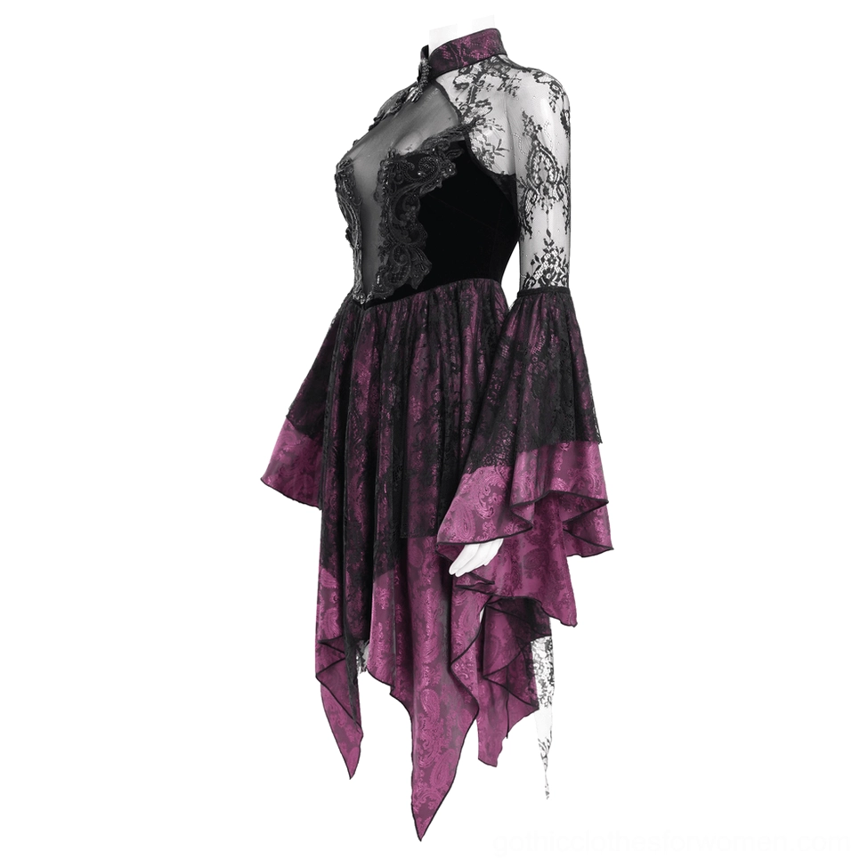 Gothic cheongsam dress on mannequin side-front angle, showing velvet bodice and sheer lace sleeves