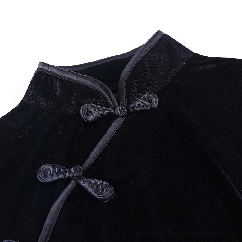 Black velvet gothic cheongsam dress side detail showing slit and draping