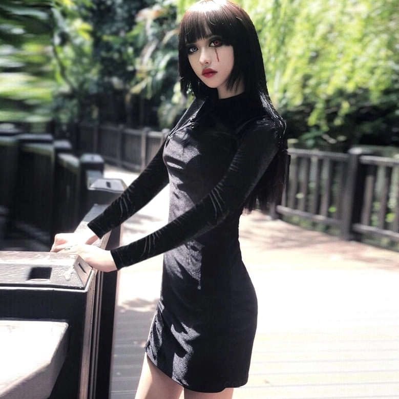 Black velvet gothic cheongsam dress texture and fabric close-up showing velvet quality