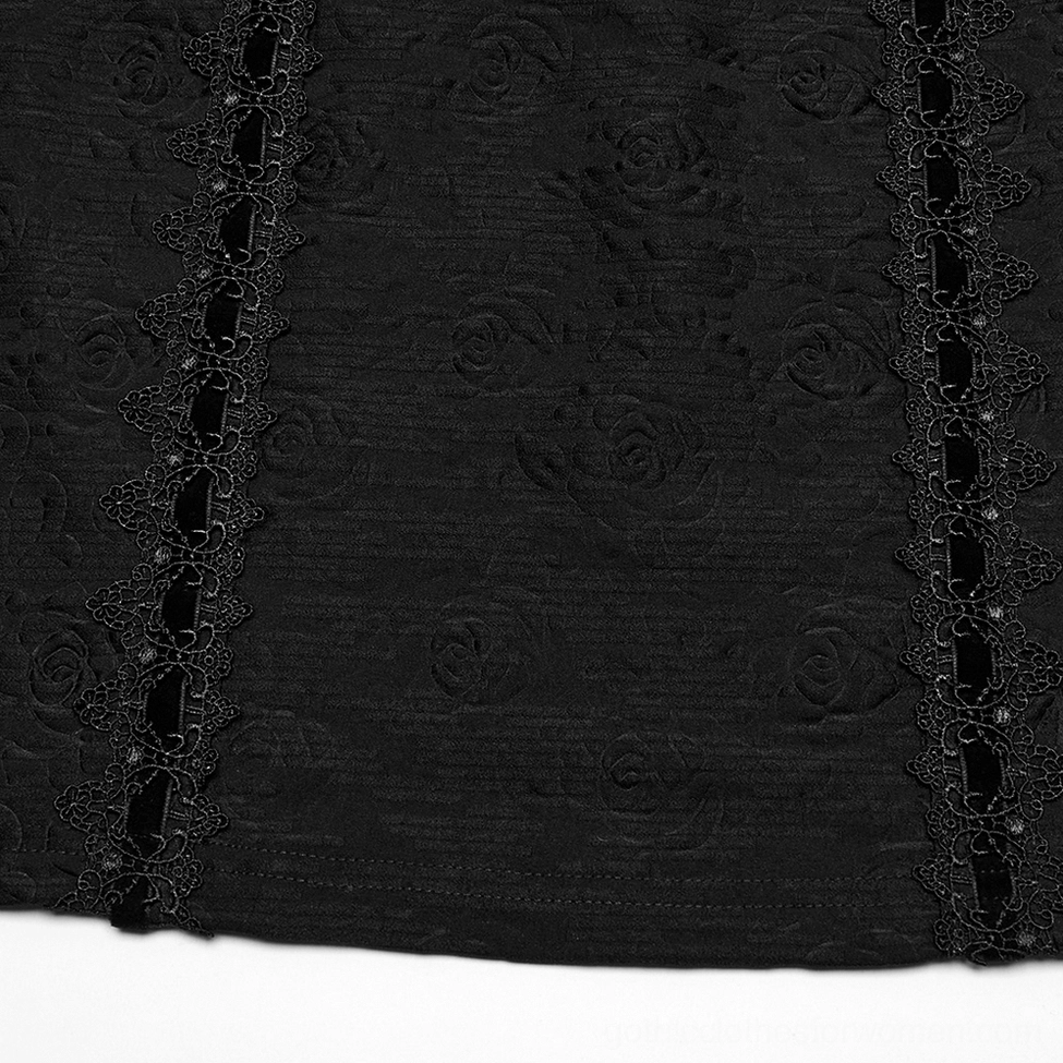 Close-up detail of gothic cheongsam chest embroidery with metal ornament accent