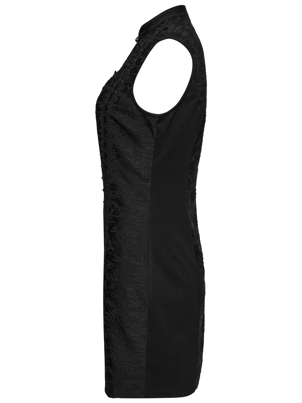 Black sleeveless gothic cheongsam dress front flat lay with stand collar cutout detail