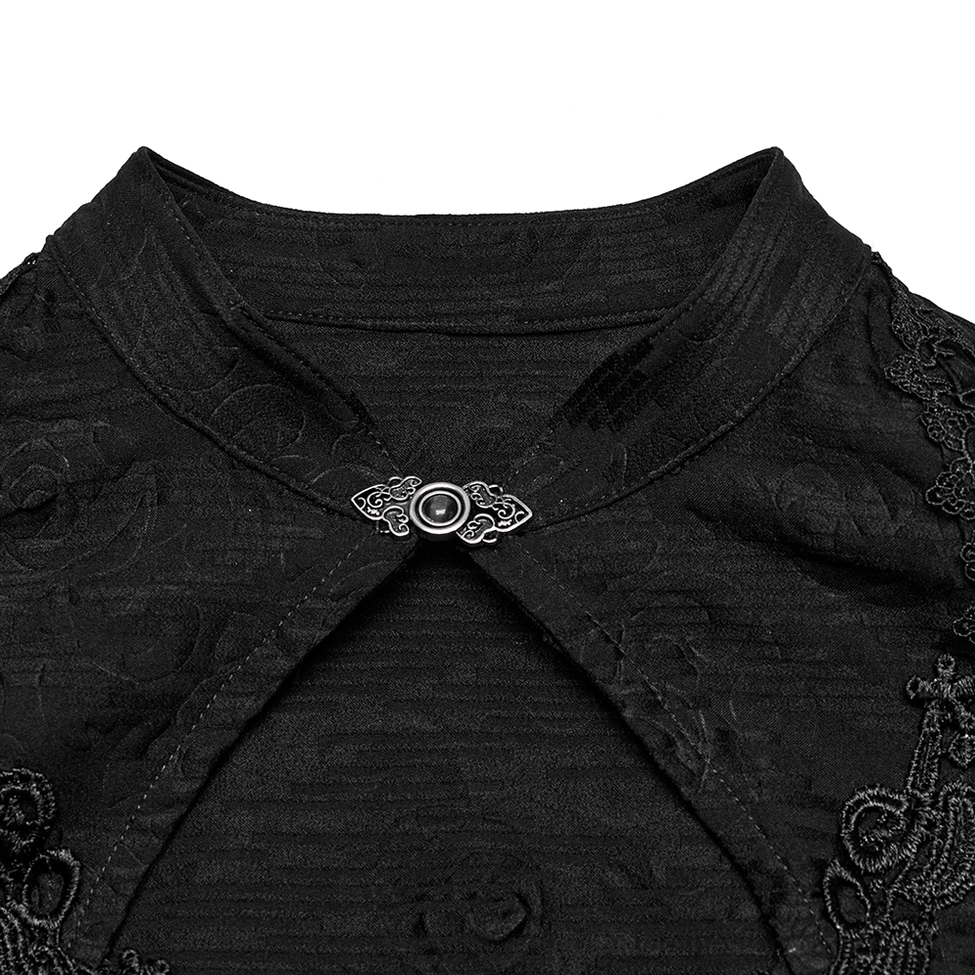 Close-up of black gothic cheongsam dress lace trim with rose embossed jacquard fabric