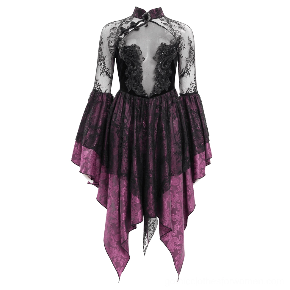Gothic lace cheongsam dress on mannequin back view, high collar with frog buttons and layered skirt