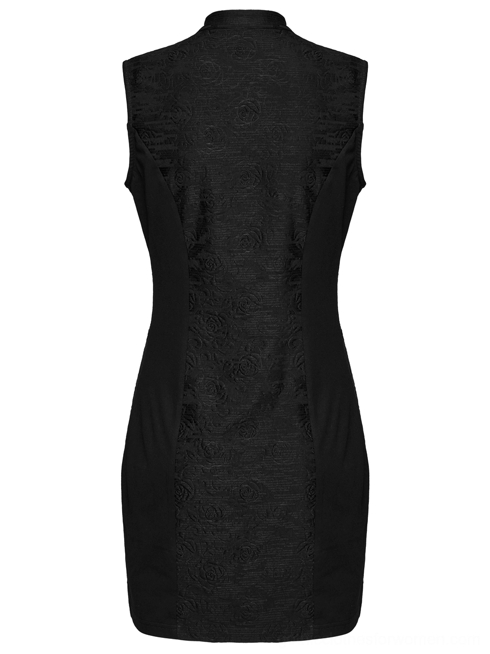 Side profile view of gothic cheongsam dress showing sleeveless design and lace trim