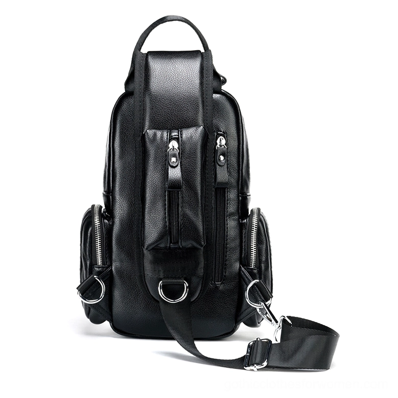 Detailed front view of gothic alternative chest bag highlighting central zipper pocket and D-ring buckle