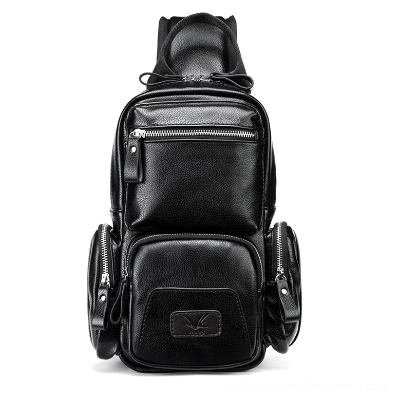 Full front view of gothic crossbody sling bag showing dual zipper pockets and padded shoulder strap