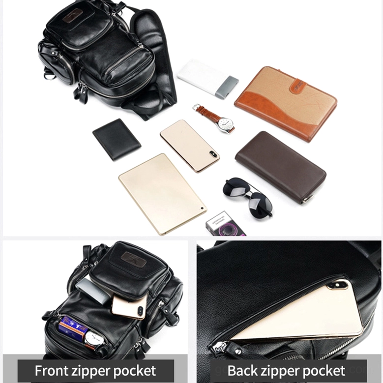 Gothic chest bag flat lay with daily essentials showing compatible storage for electronics and accessories