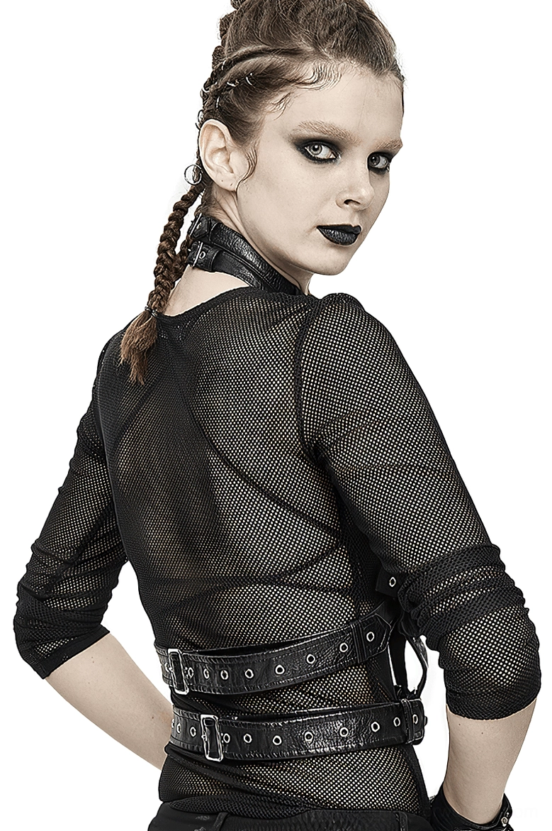 Gothic bondage harness back view on model displaying dual waist belt straps and layered faux leather construction with metal accents