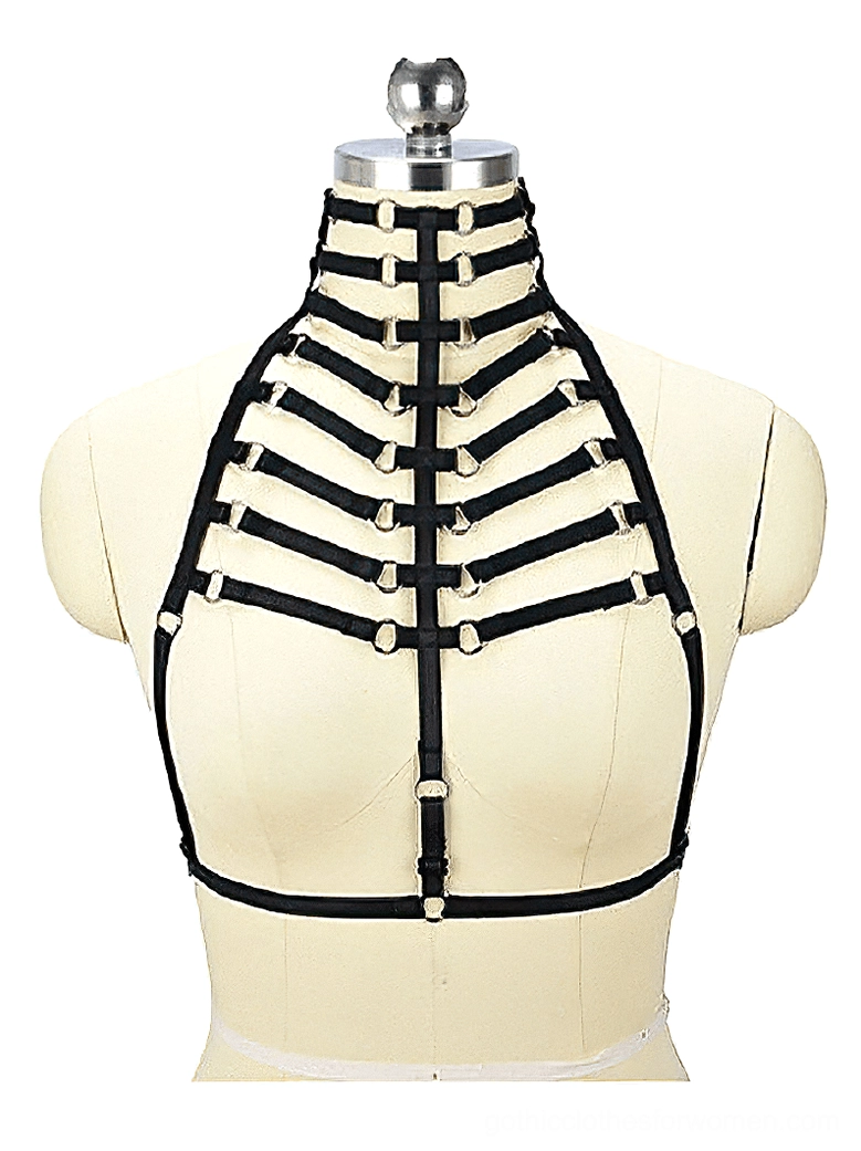 Gothic chest harness lingerie, high collar design with underbust fixing band, dress form display