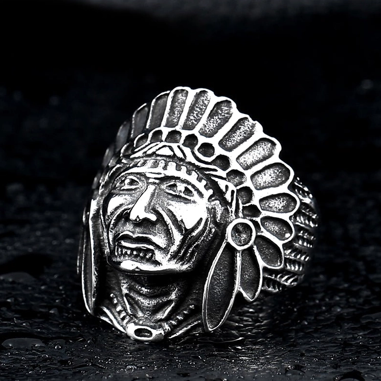 Silver tone gothic chief skull ring with intricate facial features and headdress carved detail