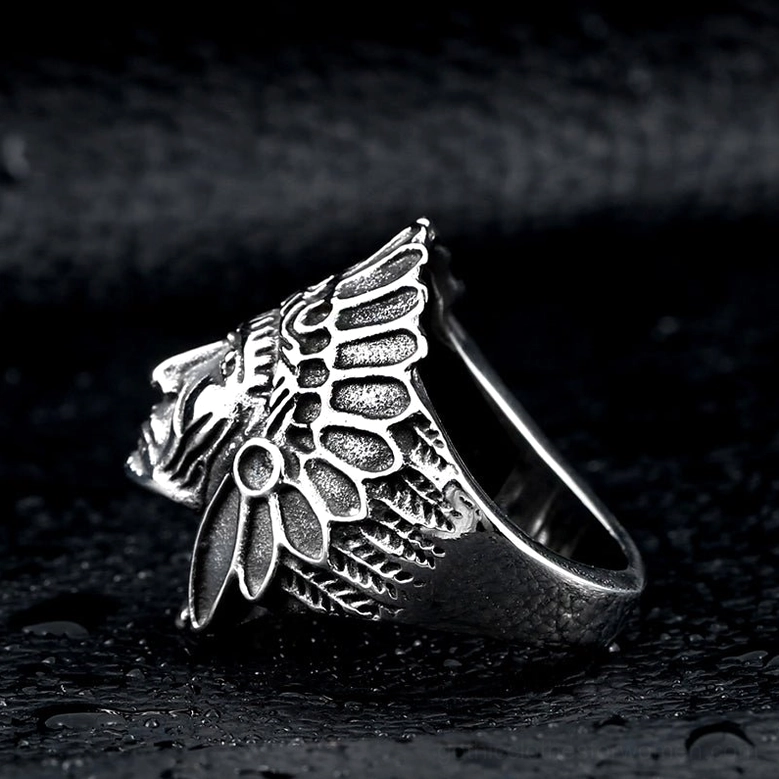 Gothic chief skull ring side and rear view showing feather headdress band craftsmanship