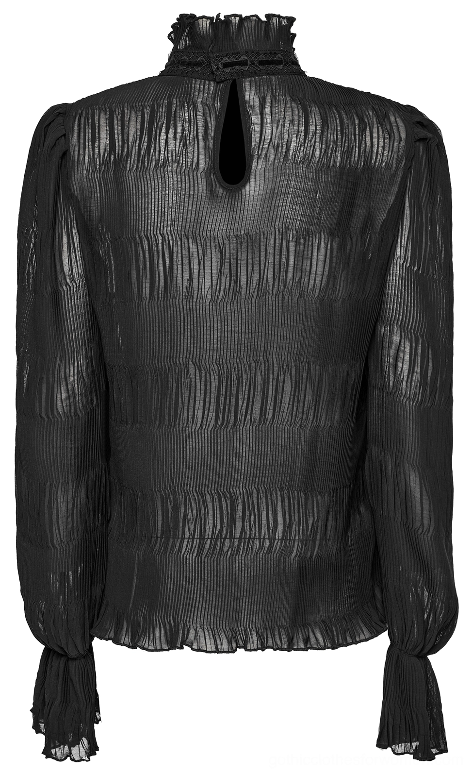 Back flat lay of gothic long sleeve top showing keyhole cutout and ruched chiffon fabric