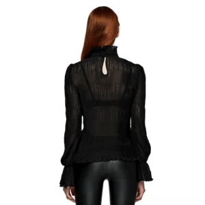 Black sheer gothic long sleeve top with keyhole back cutout and ruffled high collar, back view