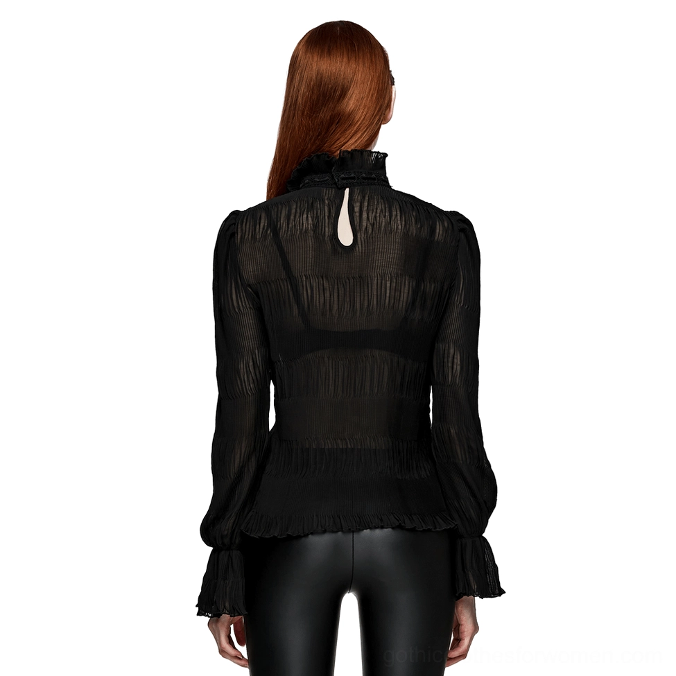 Black sheer gothic long sleeve top with keyhole back cutout and ruffled high collar, back view