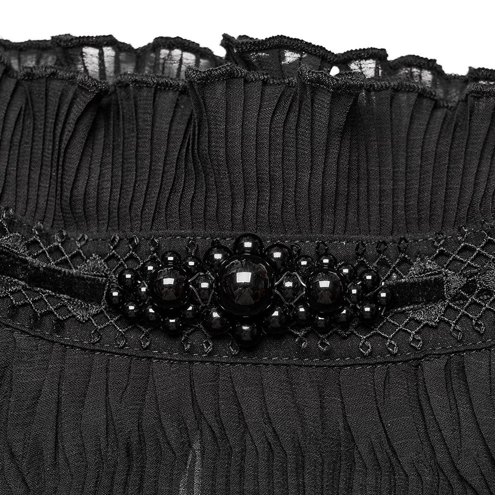 Detailed close-up of beaded ruffled lace collar trim on black gothic chiffon blouse