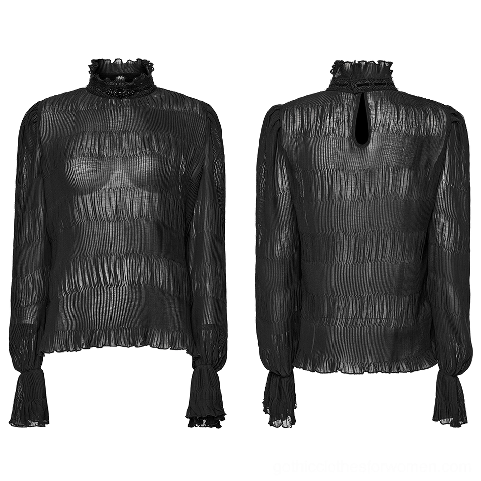 Front and back flat lay of gothic chiffon blouse showing ruched texture and bishop sleeves