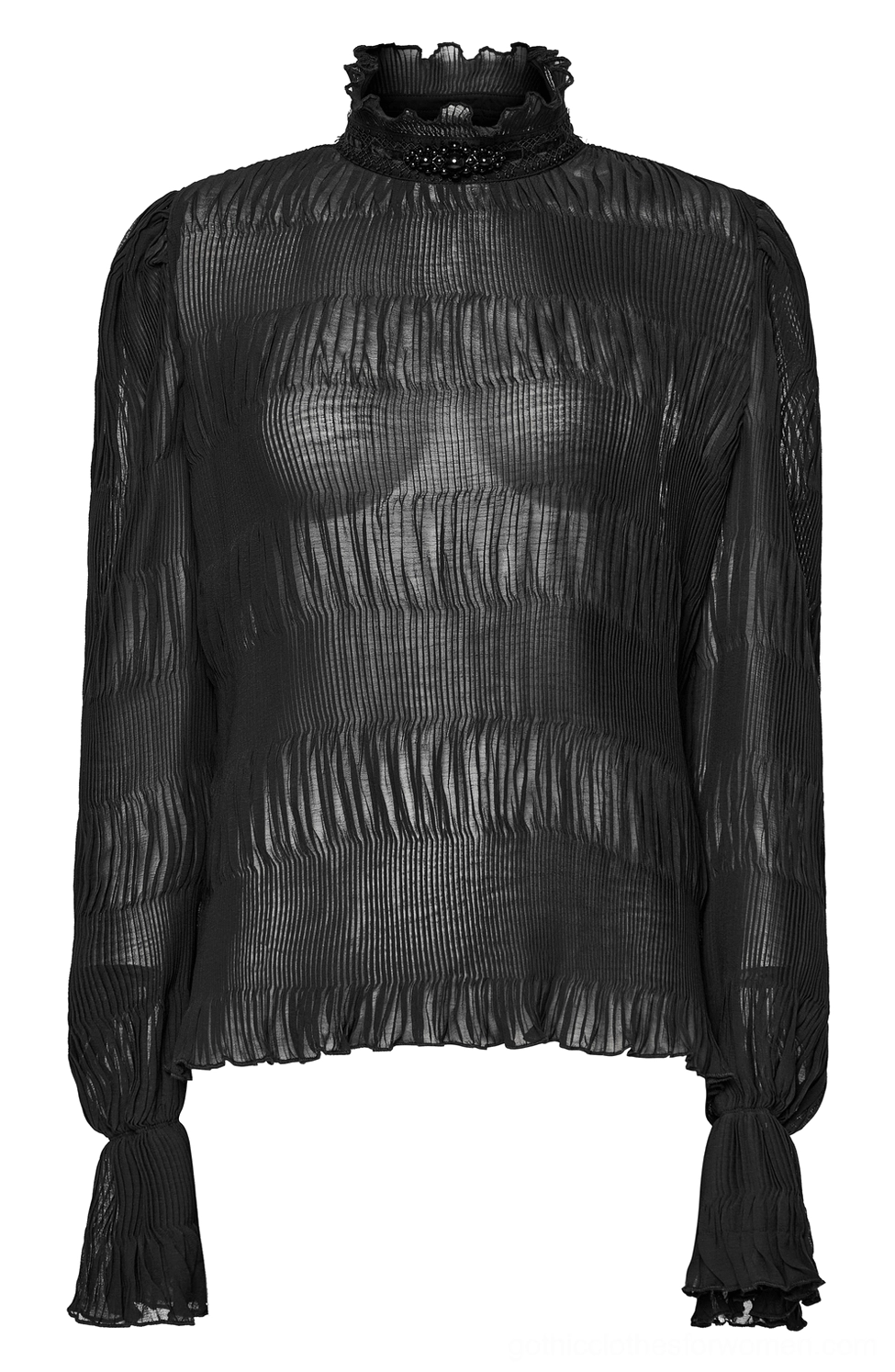 Front flat lay detail of black gothic chiffon blouse with horizontal ruching and ruffled cuffs