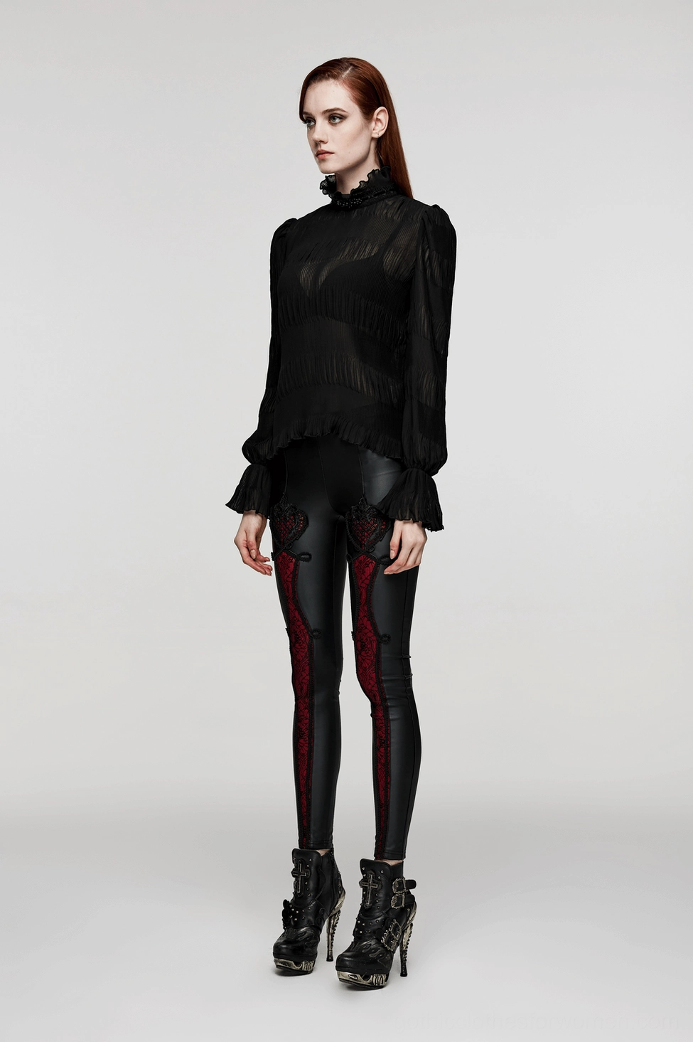 Full view of black gothic chiffon long sleeve top with crimped texture and beaded high collar