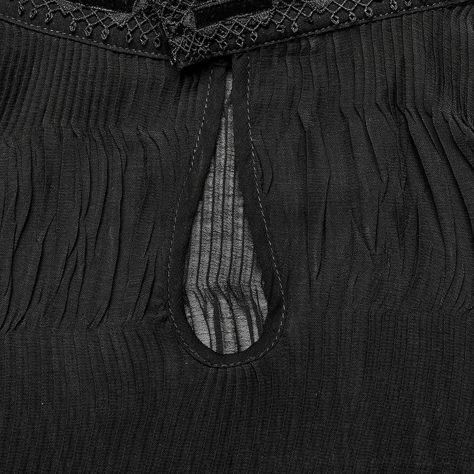 Close-up detail of back keyhole cutout in black gothic chiffon blouse with ruched texture