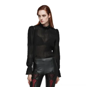 Victorian gothic chiffon blouse with beaded ruched collar, front three-quarter view on model