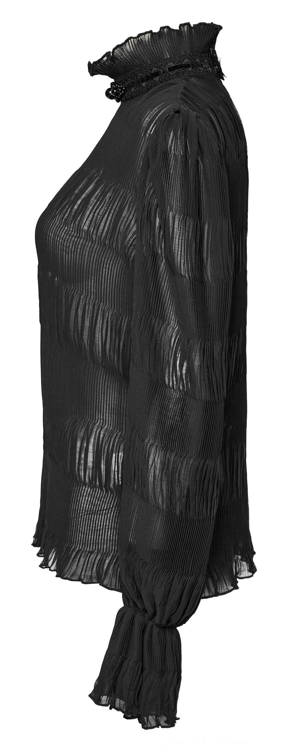 Side view flat lay of black gothic chiffon blouse with ruffled high neck and flared cuffs