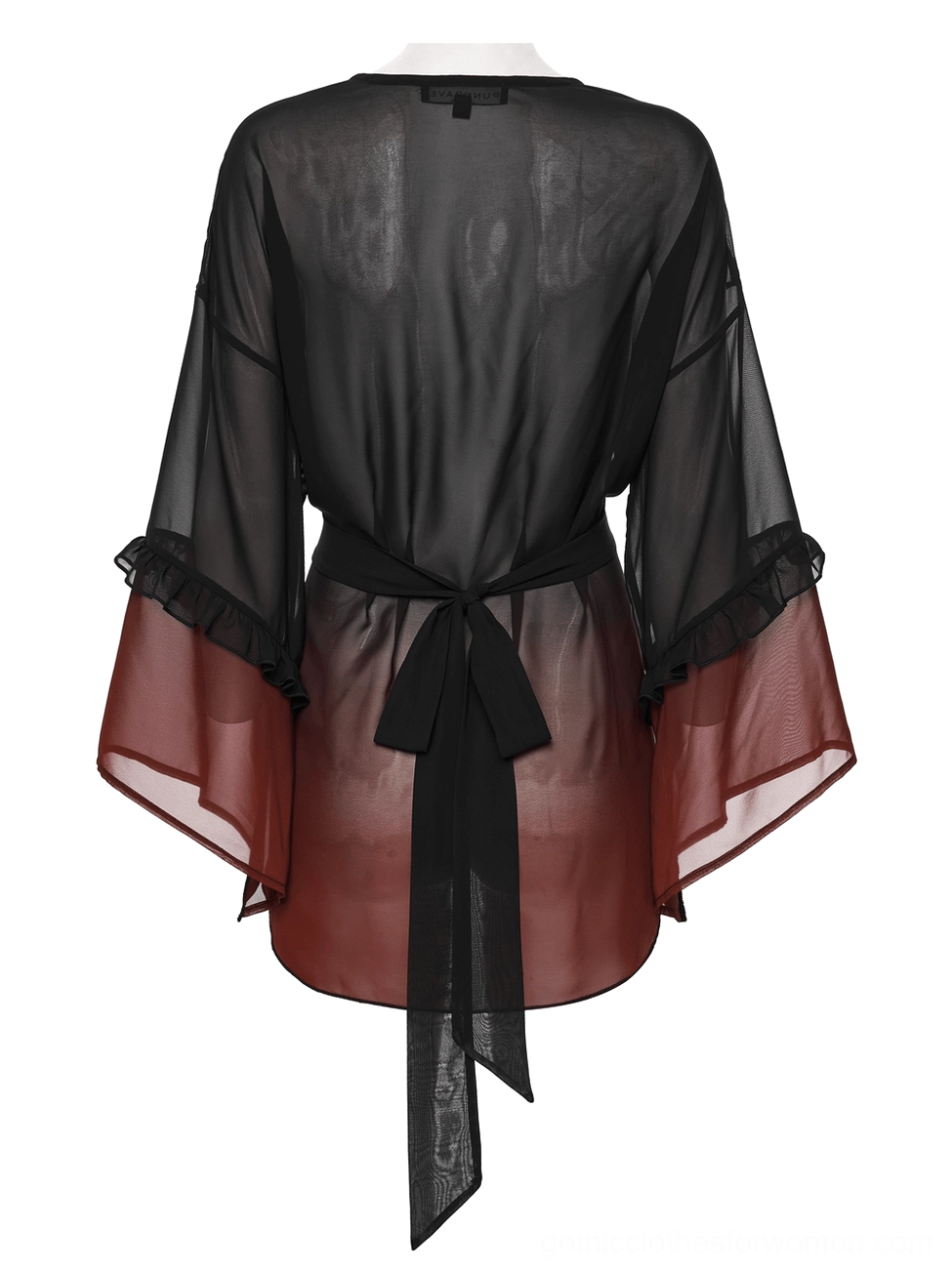 Black-burgundy ombre chiffon gothic cape back view featuring self-tie bow detail and ruffled bell sleeves