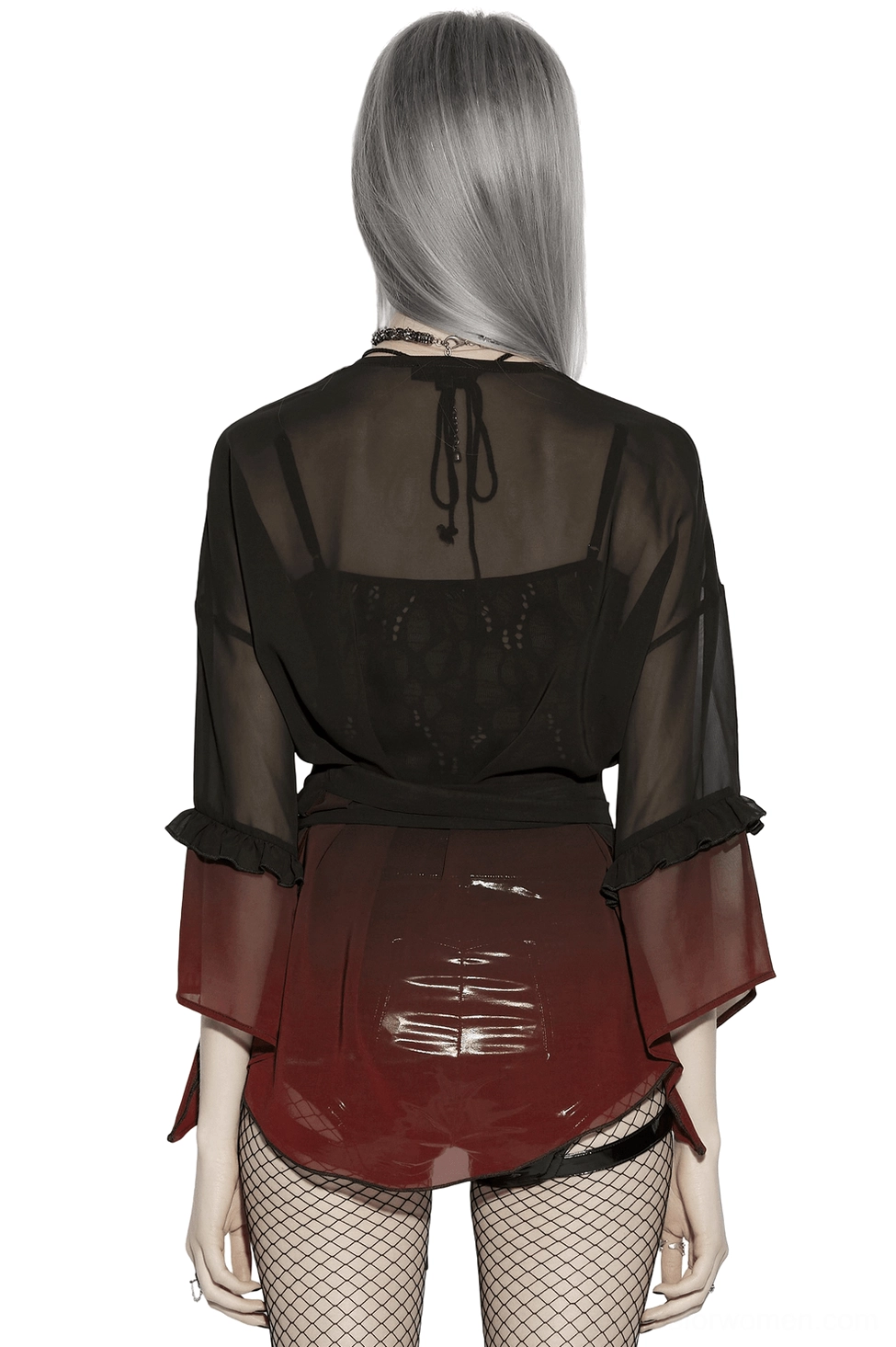 Burgundy to black gradient chiffon gothic cape back full-body view showing uneven jagged hem and back neck tie
