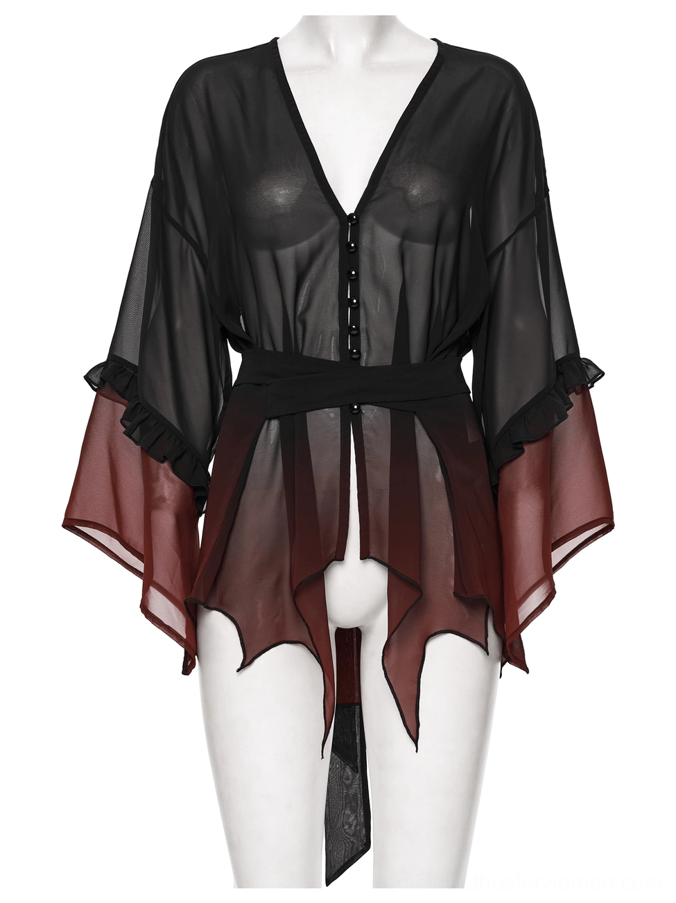 Sheer black-burgundy ombre gothic chiffon cape front view with button placket and adjustable tie waist