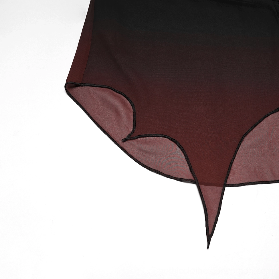 Black-burgundy gradient ombre chiffon gothic cape fabric detail showing sheer transparent texture