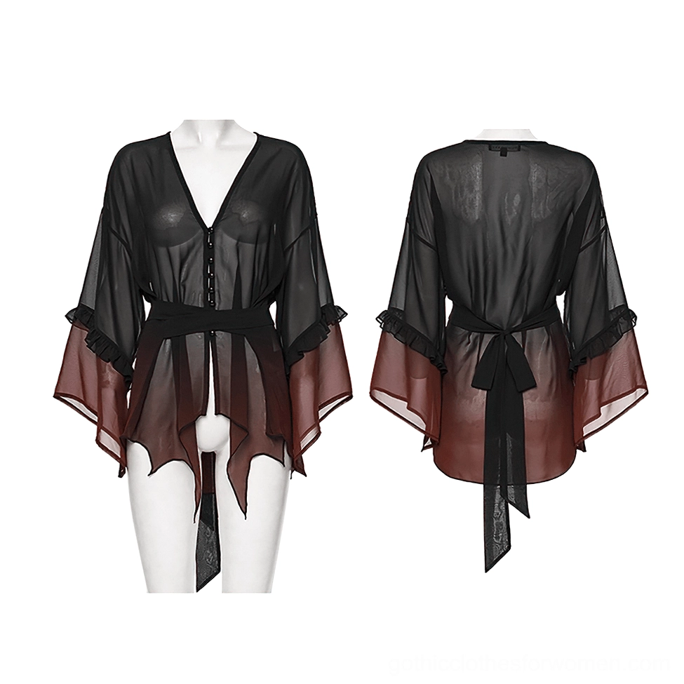 Black-burgundy ombre chiffon cape product flat lay displaying front and back silhouette on mannequin