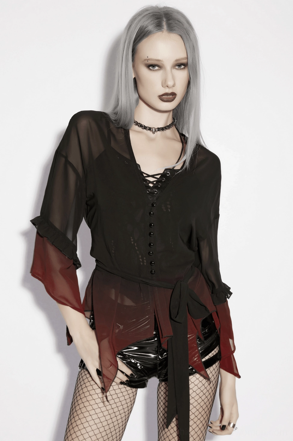 Women's black-burgundy ombre gothic chiffon cape outfit styling demonstration on alternative fashion model