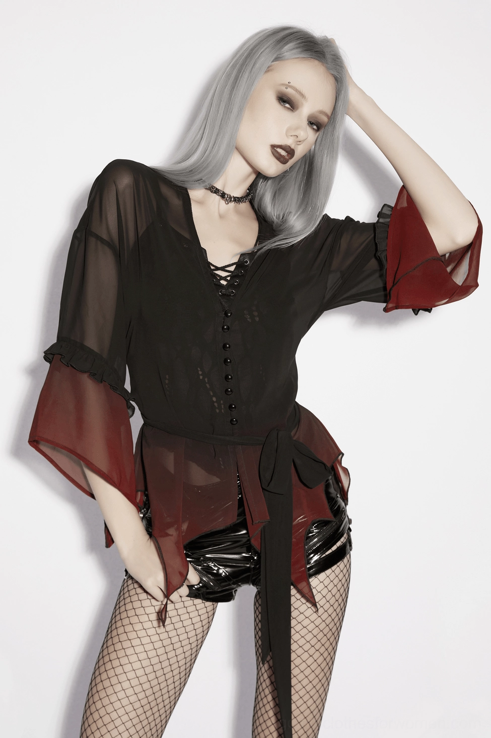 Black-burgundy ombre chiffon gothic cape three-quarter view showing flowing sleeves and uneven hem design