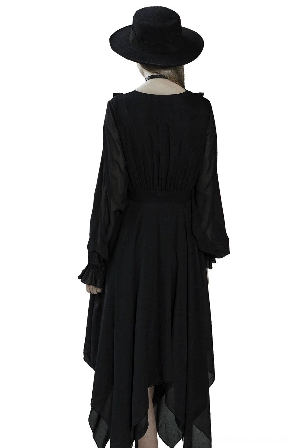 Black asymmetrical chiffon gothic dress back view on model with wide-brim hat, showing high waistline and irregular handkerchief hem layers